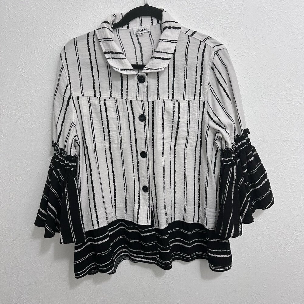 Paris Hues White Black‎ Striped Wearable Art to Wear Artsy Shirt Jacket Size L
